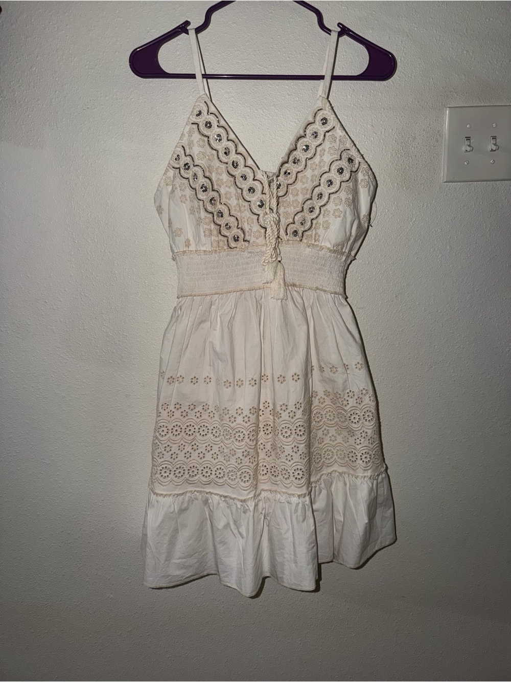 POL Cream Eyelet and Embellshed Mini Dress with Adjustable Spaghetti Straps - Picture 2 of 11